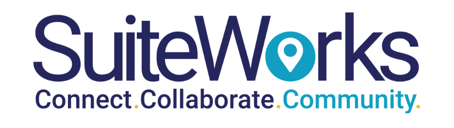 The image shows the logo for SuiteWorks. The text reads "SuiteWorks" in large font, with the "o" in "Works" represented by a location pin icon. Below it, there are three words: "Connect." "Collaborate." and "Community." all in smaller text. The background is white.