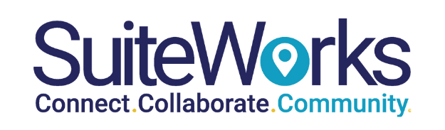 The image shows the logo for SuiteWorks. The text reads "SuiteWorks" in large font, with the "o" in "Works" represented by a location pin icon. Below it, there are three words: "Connect." "Collaborate." and "Community." all in smaller text. The background is transparent.